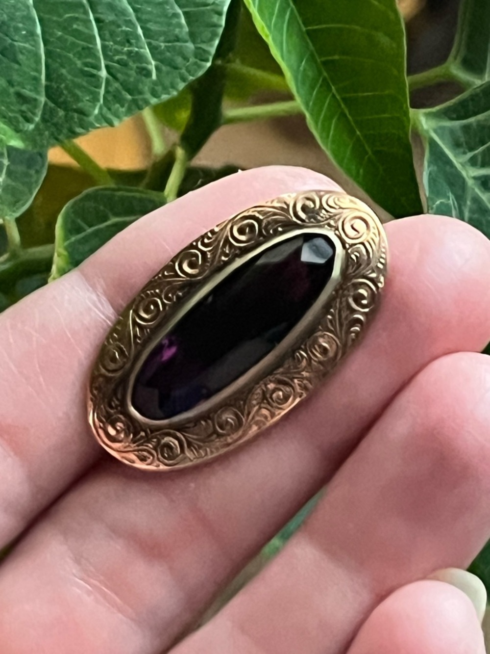Antique Victorian Gold-Filled or Gold shell Pin With Dark Purple Glass Stone